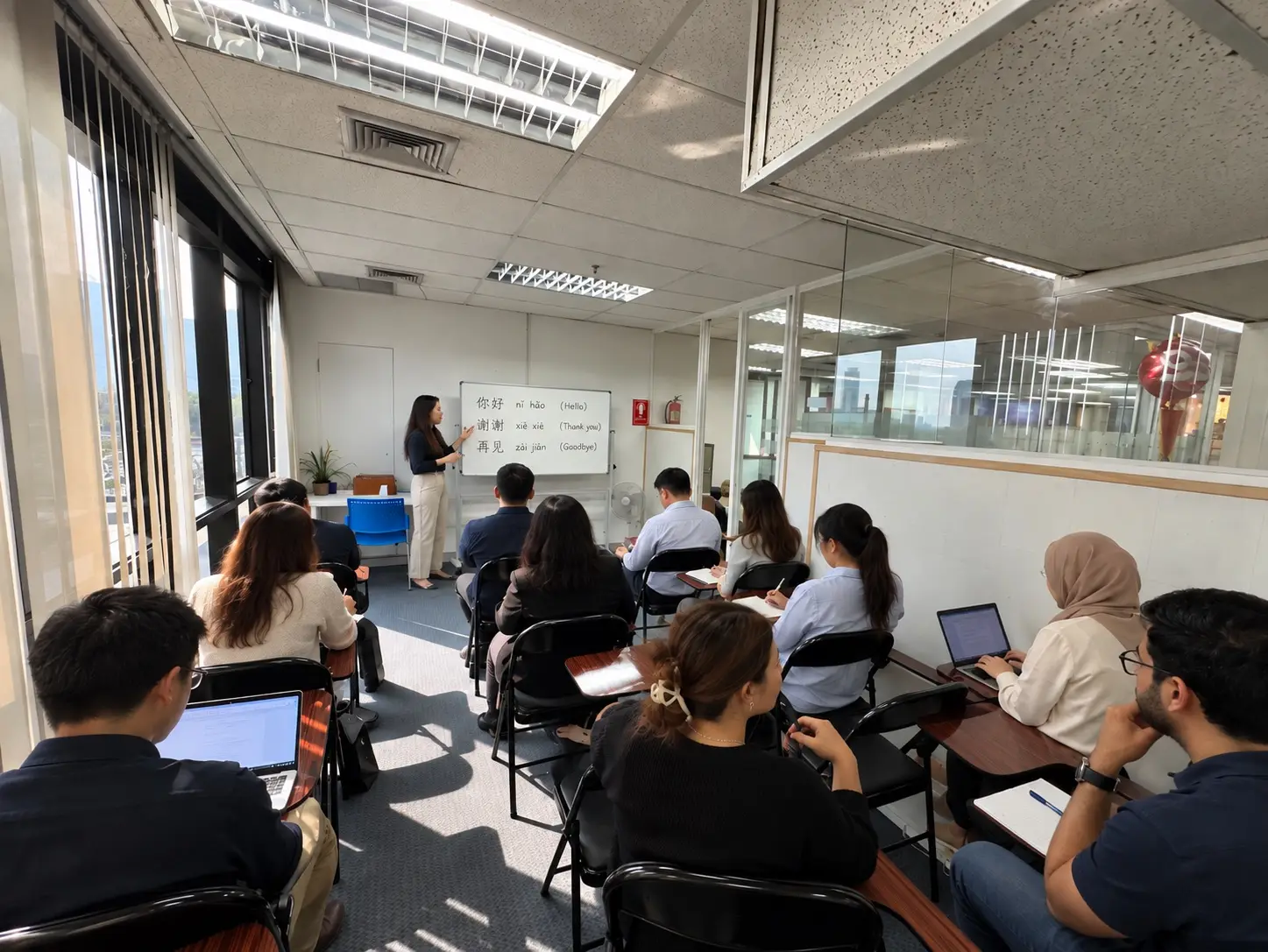 A Chinese class at the school: the teacher stands at a whiteboard showing 你好, 谢谢 and 再见 with pinyin